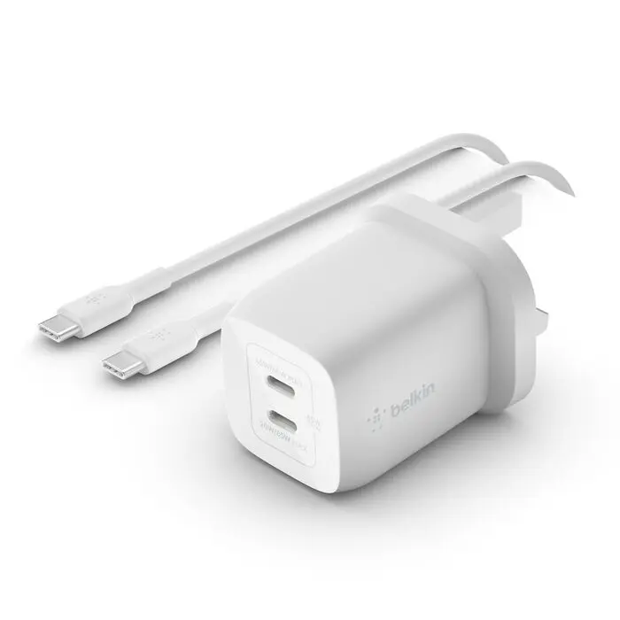Belkin BoostCharge Pro 65W Gan Dual Usb-C Adapter With Usb-C To Usb-C Cable-White