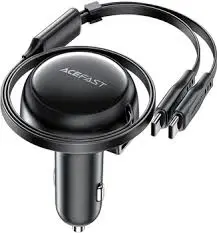 AceFast Car Charger B13 Dual Usb-C With Retractable Usb-C Cable-Black