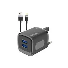 Pawa Super Mini Travel Charger Dual Usb Port With Lightning Cable-Black