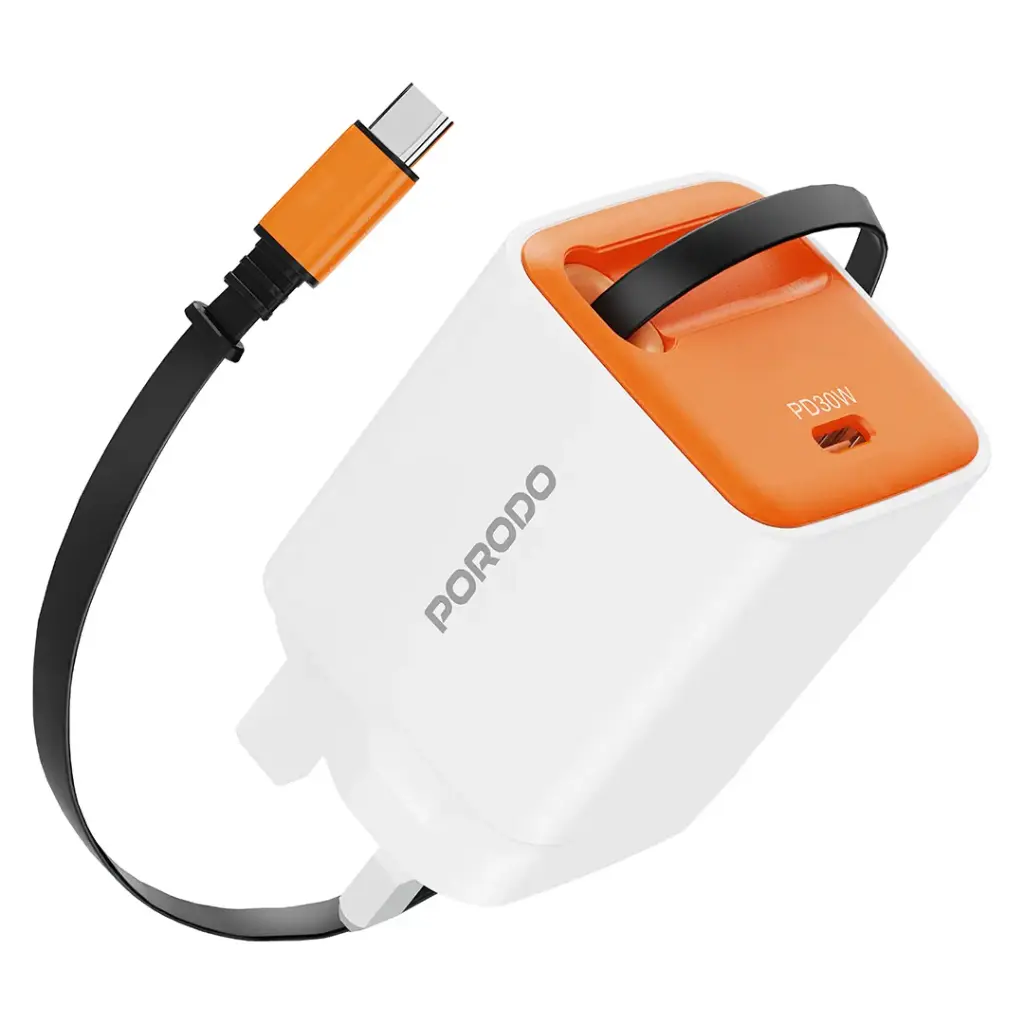Porodo Tezpatro 30W Gan Charger With USB-C Retractable Cable-White