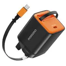 Porodo Tezpatro 30W Gan Charger With USB-C Retractable Cable-Black