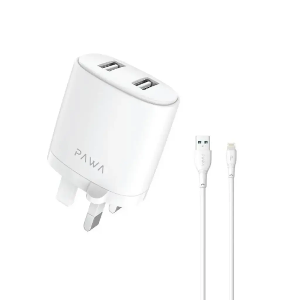 شاحن USB مزدوج بقوة 2.4 أمبير مع كابل Lightning من Pawa
